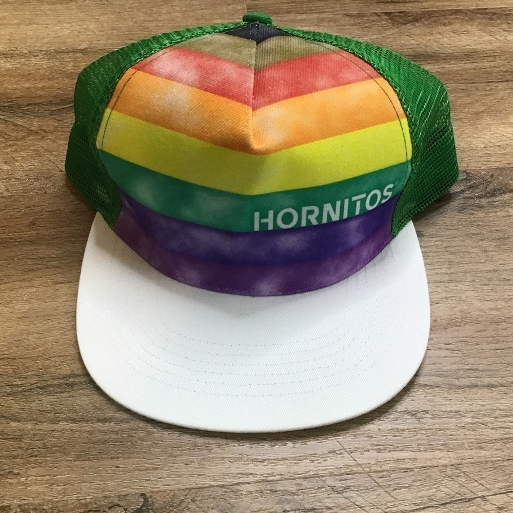 Nwot Hornitos Trucker Hat Boho Rainbow Pride Striped Snap Back Green Wh…